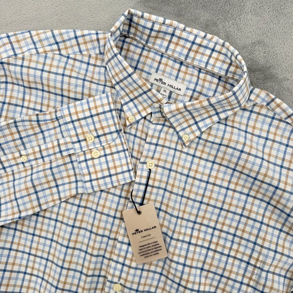 Peter Millar Other - Peter Millar Crown Lite‎ Mens Blue Tan Plaid Button Down Shirt  Casual Size XL